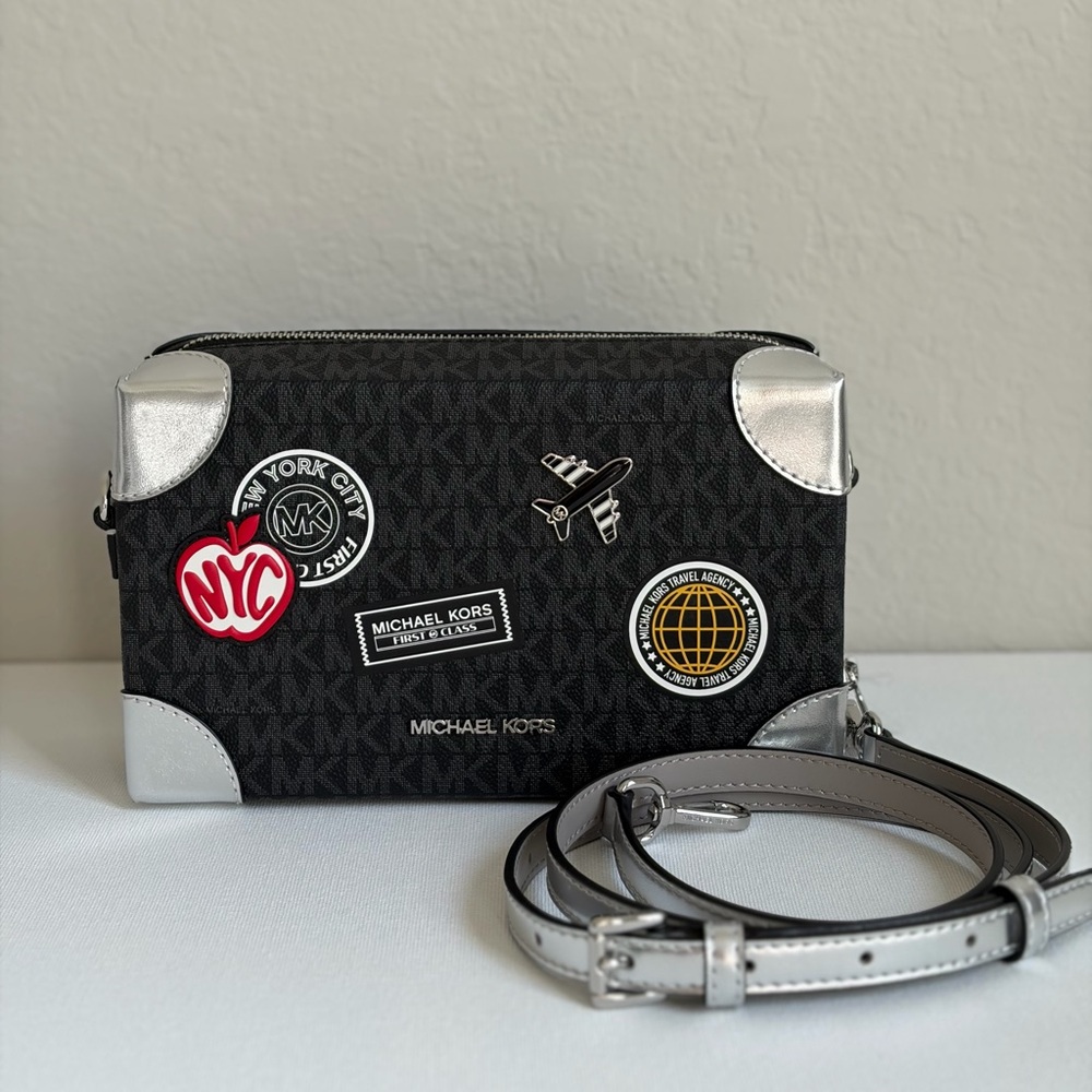 Michael Kors Jeanie Small EW Trunk Crossbody Travel Agency MK Logo Black/Silver - Picture 10 of 16